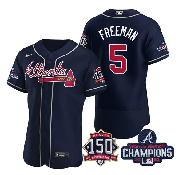 Men's Atlanta Braves #5 Freddie Freeman 2021 Navy World Series Champions With 150th Anniversary Flex Base Stitched Jersey Men's Atlanta Braves #5 Freddie Freeman 2021 Navy World Series Champions With 150th Anniversary Flex Base Stitched Jersey